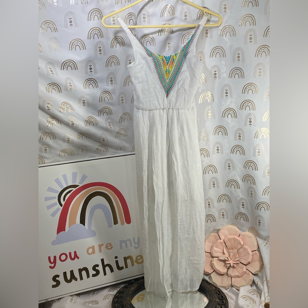 Vintage Lily White Maxi Dress with Colorful Embroidery